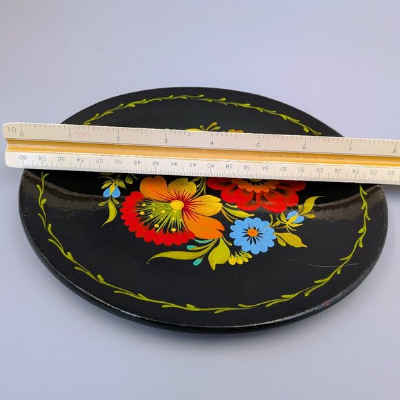 Vintage Wooden Lacquered Wall Plate • USSR Hand Painted Folk Art Floral Design - Picture 6 of 6